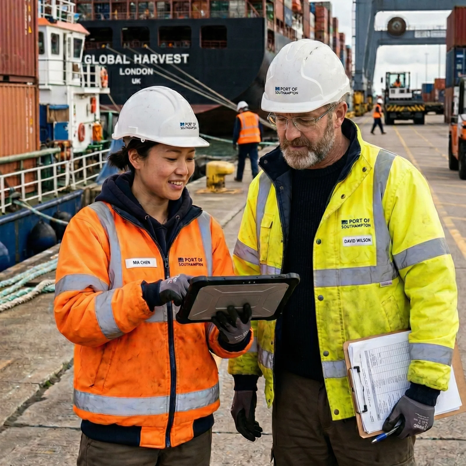 Two port professionals discussing work near stacked shipping containers.
