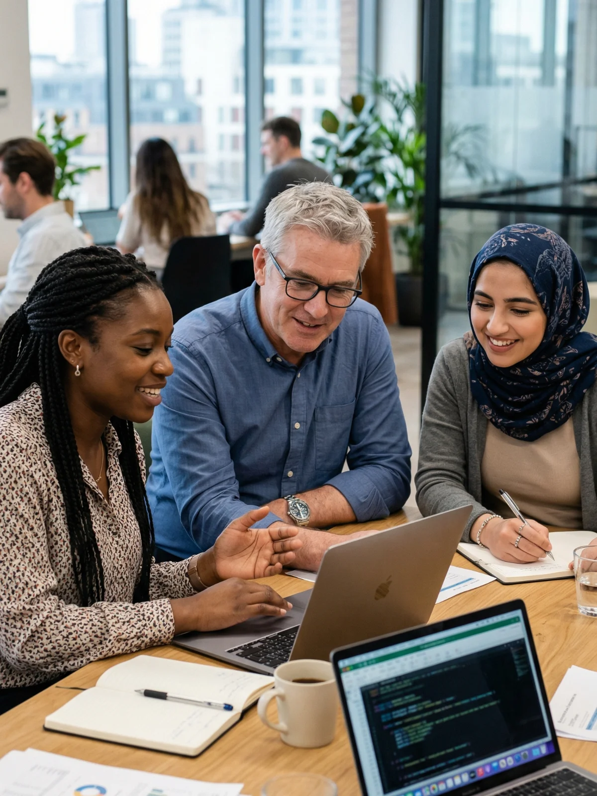 Colleagues collaborating around a meeting table with laptops.